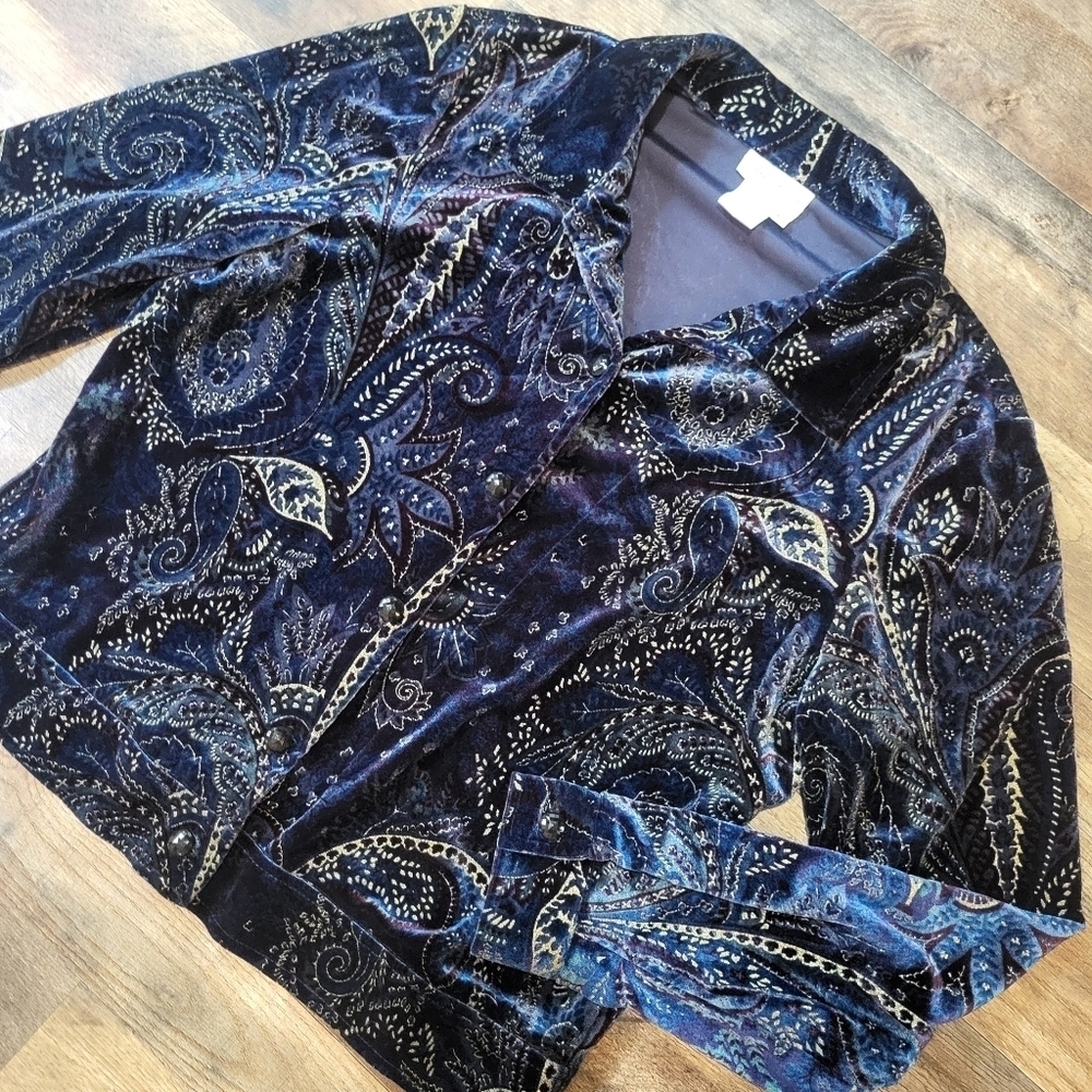 Coldwater Creek Women's Blue Velvet Metallic Paisley Button Up Shirt Jacket L